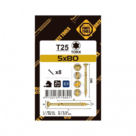 CHIPBOARD SCR T25 5.0X80/48 YELL ZN8PCS