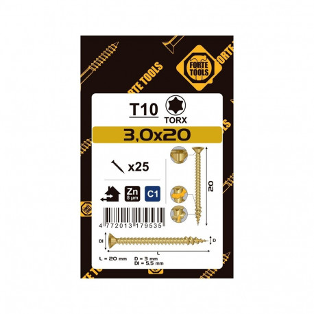 CHIPBOARD SCR T10 3.0X20 YELL ZN25PCS