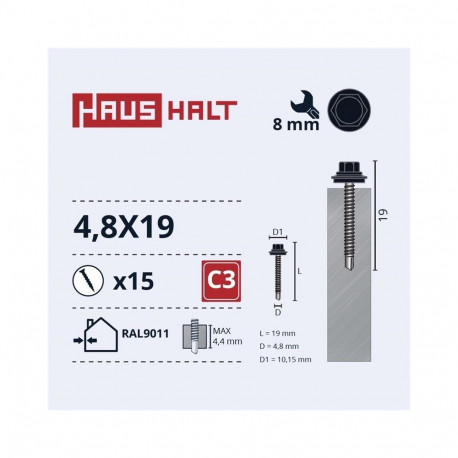 SELF SCR 4,8X19 MET+EPDM RAL9011 15PCS