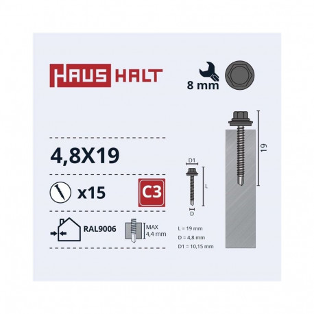 SELF SCR 4,8X19 metall+EPDM RAL9006 15 tk
