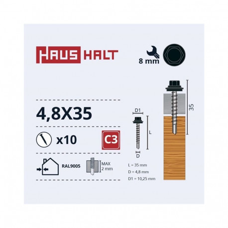 SELF SCR 4,8X35 WOOD+EPMD RAL9005 10PCS