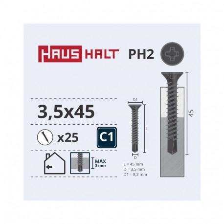 DRYWALL SCR MET 3.5X45 koos DRL 25 tk O1