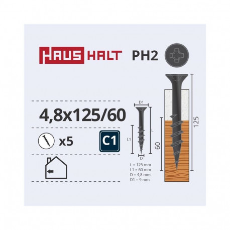DRYWALL SCR FOR WOOD 4.8X125/60 5PCS O2