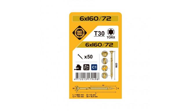 Forte Tools screws T30 6x160/72 50pcs, yellow