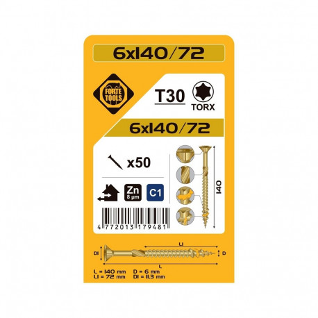 puitlaastplaatkruvi T30 6.0x140/72 kollane tsink (50)