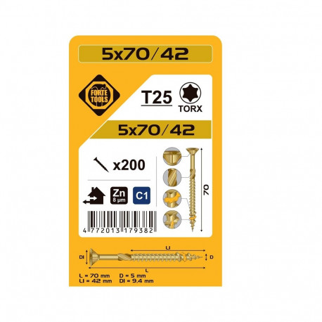 CHIPBOARD SCR T25 5.0X70/42 YELL ZN(200)