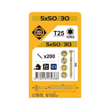 CHIPBOARD SCR T25 5.0X50/30 YELL ZN(200)