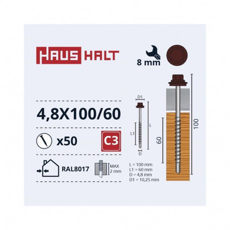 SELF SCRE 4,8X100/60 WO+EPDM RAL8017(50)