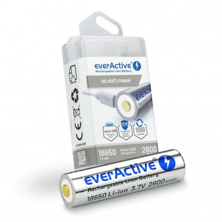 everActive 18650 3.7V Li-ion 2600mAh micro USB kaitsega aku karbis