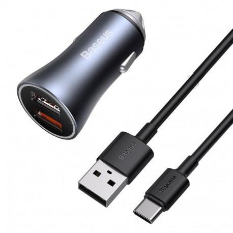 Autolaadija 40W USB-C kaabliga (adapter 2x USB 20W + kaabel USB-C 1m), QC3.0 kiirlaadimine, must/hal