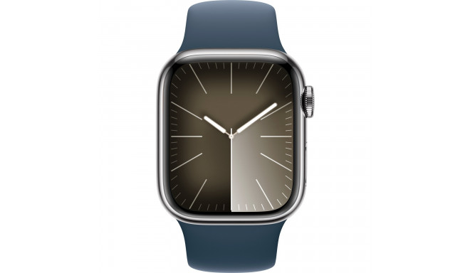 Apple Watch Series 9, Smartwatch (silver/dark blue, stainless steel, 41 mm, sports strap, cellular)