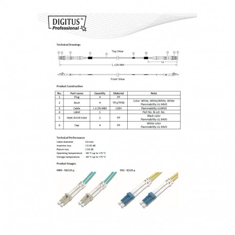 DIGITUS Fiber Optic Patch Cord, LC/LC Multimode 50/125 µ, OM3, Duplex, 20m