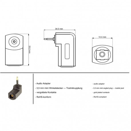 PremiumCord TOS optical adapter TOS3,5 M - TOS(F) angled