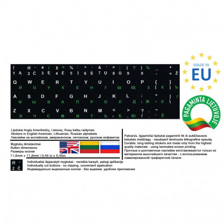Keyboard Stickers - Laminated Keyboard Stickers EN-US/LT/RU, 11.8 mm x 11.8 mm, 10 pcs
