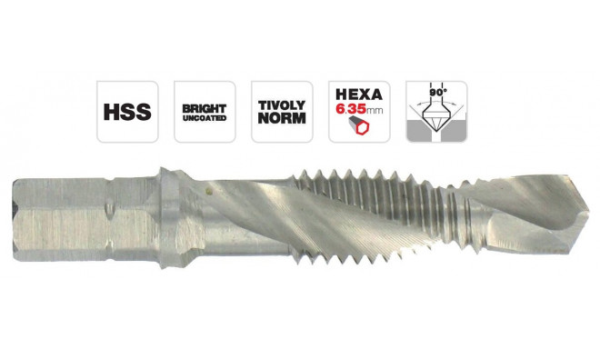 Combi tapping drill bit M3x0.5, HSS, 1/4" hex shank