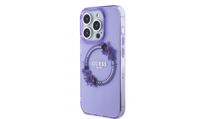 Guess PC|TPU Flowers Ring Glossy Logo MagSafe  Kaane iPhone 15 Pro Max lilla
