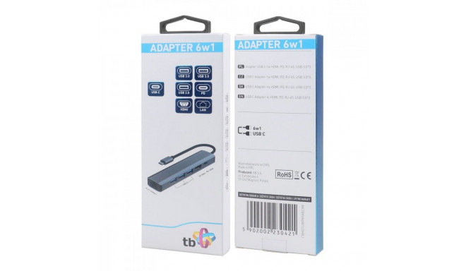 Adapter HUB USB C 6in1 - HDMI, USBx3, PD, RJ-45