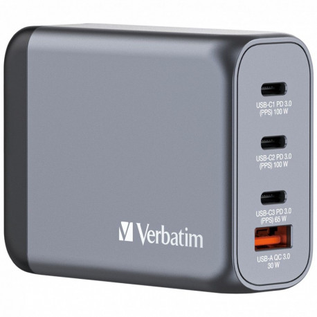 USB-laadija seinapesasse Verbatim GaN 100W, 2xUSB-C, 1xUSB-C (PD3.0), USB-A Qualcomm QuickCharge QC3