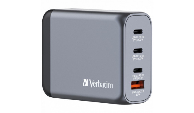 USB-laadija seinapesasse Verbatim GaN 100W, 2xUSB-C, 1xUSB-C (PD3.0), USB-A Qualcomm QuickCharge QC3