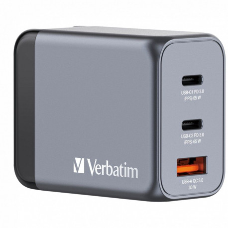USB-laadija seinapesasse Verbatim GaN 65W, 2xUSB-C Power Delivery (PD3.0), USB-A Qualcomm QuickCharg