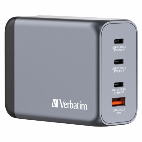 USB-laadija seinapesasse Verbatim GaN 200W, 2xUSB-C 100W, 1xUSB-C 65W (PD3.0), USB-A Qualcomm QuickC