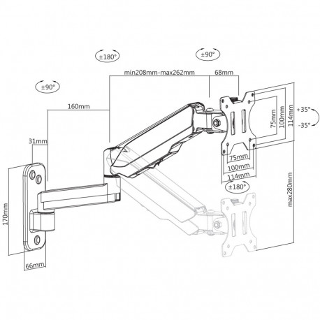 Techly 102864 seinakinnitus TV LED/LCD 17"-32", gaasvedruga, kuni 8 kg