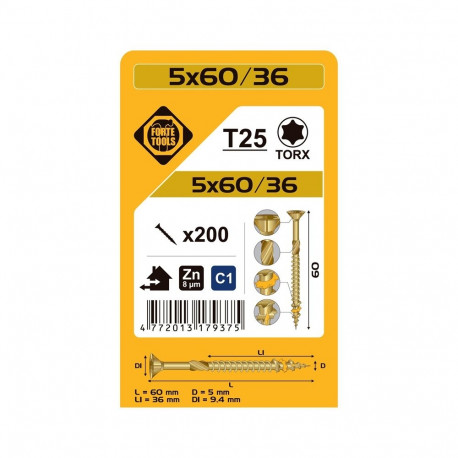 kiilukruvi T25 5.0x60/36 kollane tsink (200)