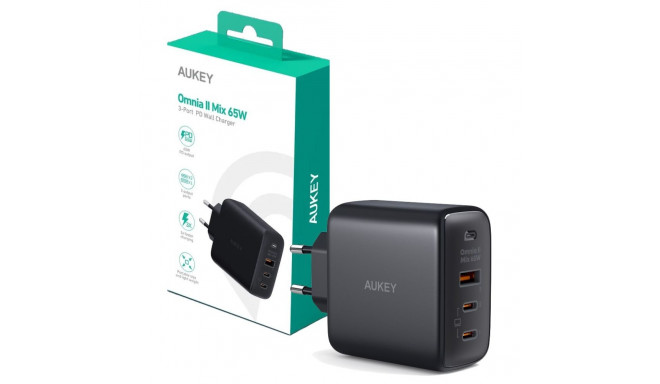 AUEKY Omnia II Mix PA-B6T seinalaadija 1x USB 2x USB-C Power Delivery 3.0 65W must