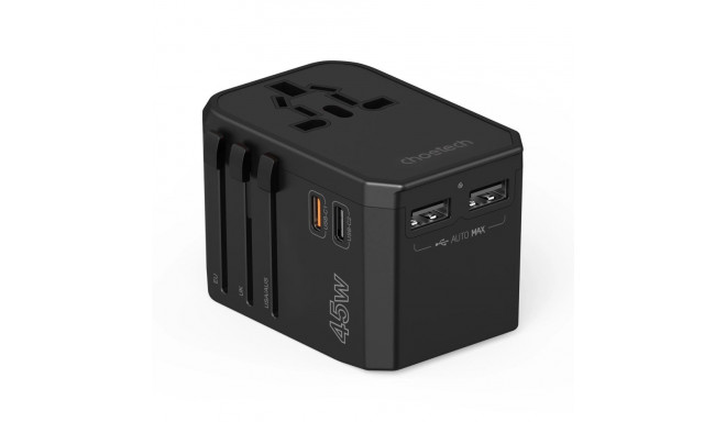 Choetech PD6045 USB-C USB-A 45W GaN Travel Charger with US EU UK AU Plugs - Black