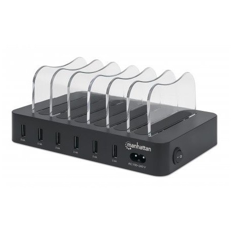 Manhattan Charging Station, 6x USB-A Ports, Outputs: 6x 2.4A, Smart IC, LED Indicator Lights, Black,