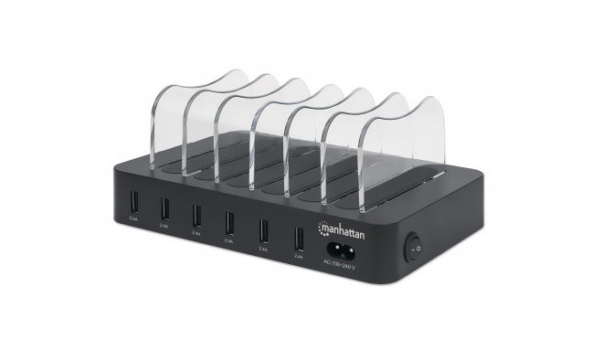 Manhattan laadimisjaam, 6x USB-A porti, väljundid: 6x 2.4A, Smart IC, LED-indikaatorid, must, kolmea