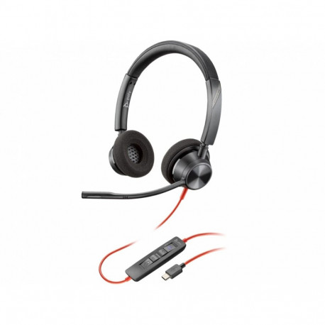 The Poly Blackwire 3320 MST USB-C/A (8X220A) is a wired stereo (dual-ear) headset d