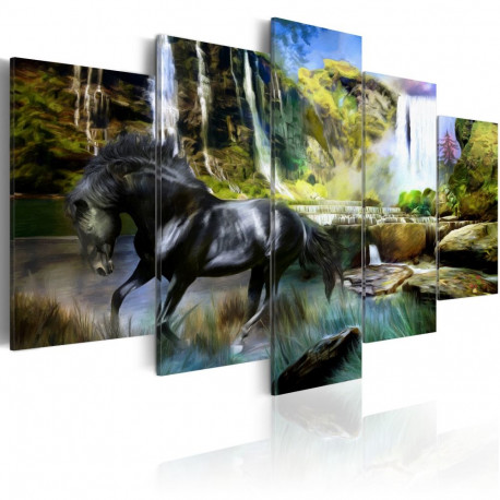 Seinapilt - Black horse on the background of paradise waterfall - 200x100