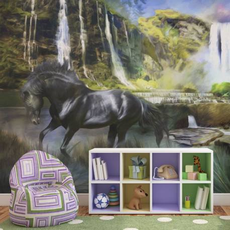 Fototapeet - Horse on the background of sky-blue waterfall - 200x154