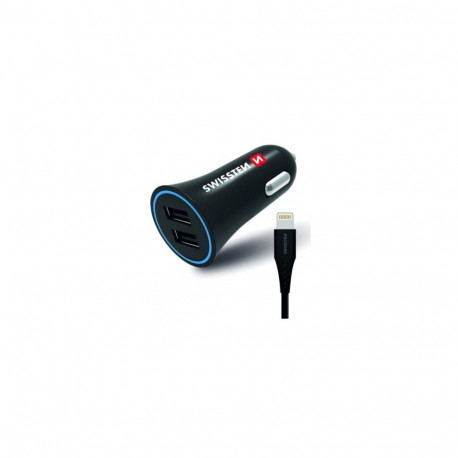 Swissten Premium Auto Lādētājs 12 / 24V / 1A + 2.1A + Lightning Datu Kabelis 100 cm Melns