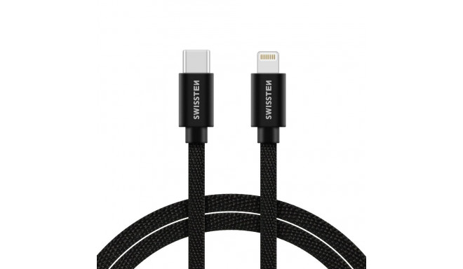 Swissten Textile Universāls Quick Charge 3.1 USB-C uz Lightning Datu un Uzlādes Kabelis 1.2m Melns