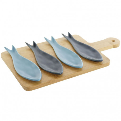 Appetizer Set Home ESPRIT Blue Green Navy Blue Bamboo Porcelain Mediterranean Fish 36 x 18 x 1,3 cm