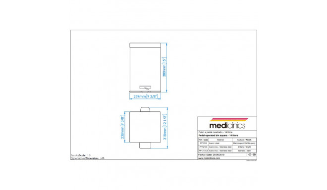 MEDICLINICS PP1214CS Kvadratinė Šiukšlių Dėžė Su Pedalu, 12 L, Satinas