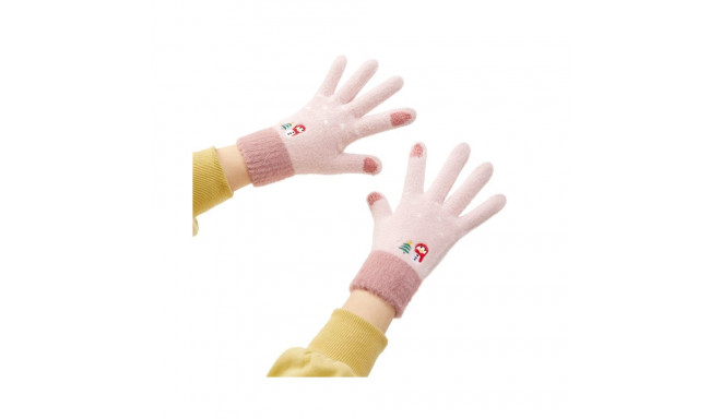 Women's winter telephone gloves with a snowman and a Christmas tree - pink