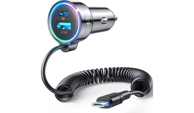 Joyroom 3 in 1 fast car charger with USB Type C cable 1.6m 60W black (JR-CL07)