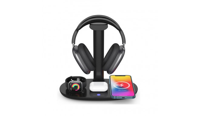 CP X5W 4in1 15W Traadita Magsafe Qi Laadija Stend iPhone Watch Airpods ja muud + Headset hoidja Must