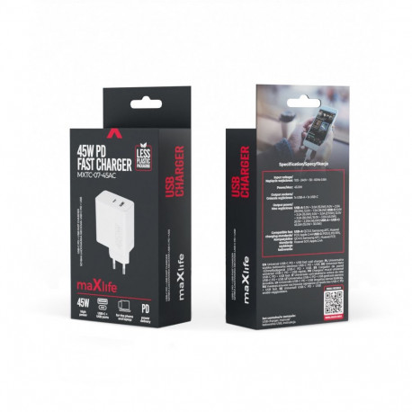 Maxlife MXTC-07-45AC PD QC charger 1x USB-C 1x USB 45W white