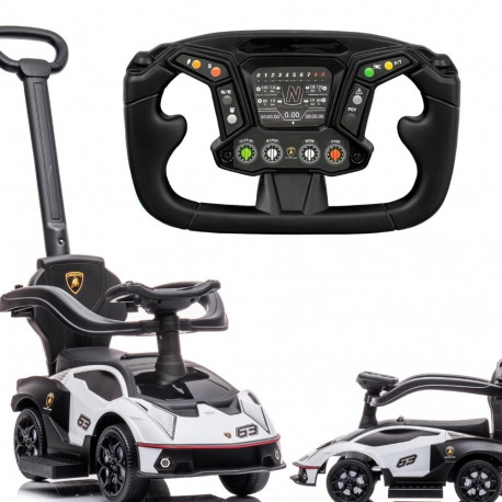 Jeździk chodzik dla dzieci na roczek Lamborghini Essenza SCV12 z pchaczem, obejmą i podnóżkami, biał