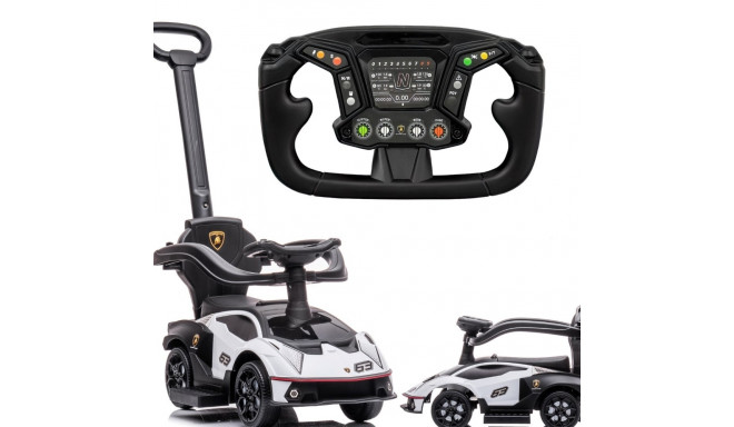 Jeździk chodzik dla dzieci na roczek Lamborghini Essenza SCV12 z pchaczem, obejmą i podnóżkami, biał