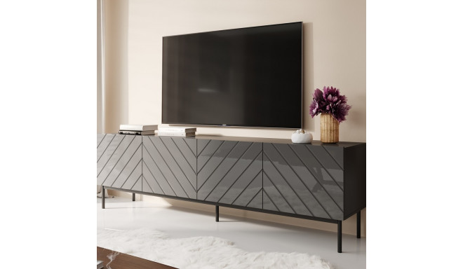 ABETO RTV cabinet on black steel frame 200x42x60 graphite/glossy graphite