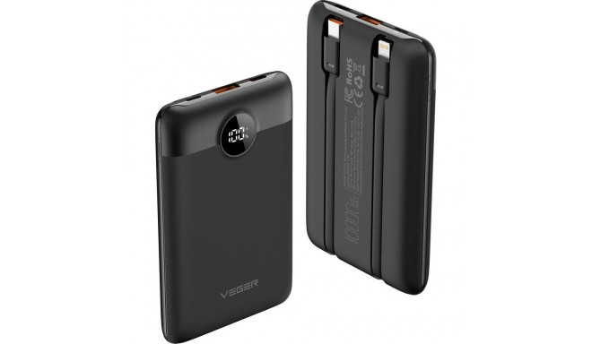 VEGER powerbank 10000 mAh with built-in cables Type C / Lightning PD QC3.0 2A 22,5W C11 (W1170) blac