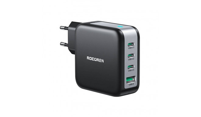 Wall charger GaN Rocoren 3x USB-C, 1x USB, Power Delivery 3.0, 100W (black)
