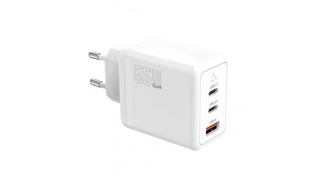 Charger 2x USB C + USB A Power Delivery white, GaN 65W