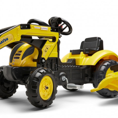 Falk pedaalidega traktor Komatsu kopa ja käruga, kollane