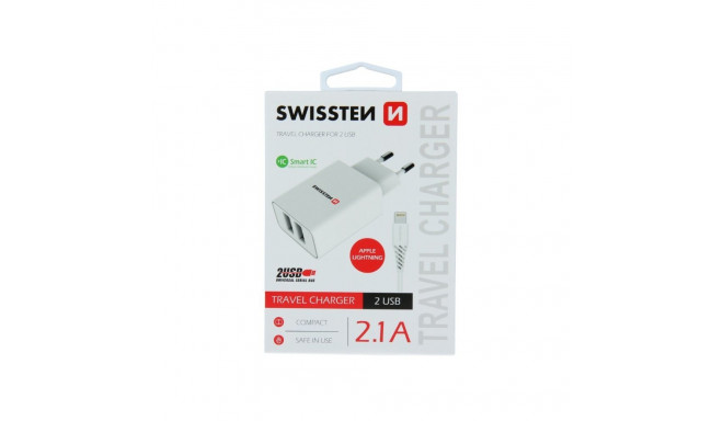 Swissten Smart IC võrgulaadija 2x USB 2.1A koos Lightning (MD818) kaabliga 1.2 m valge